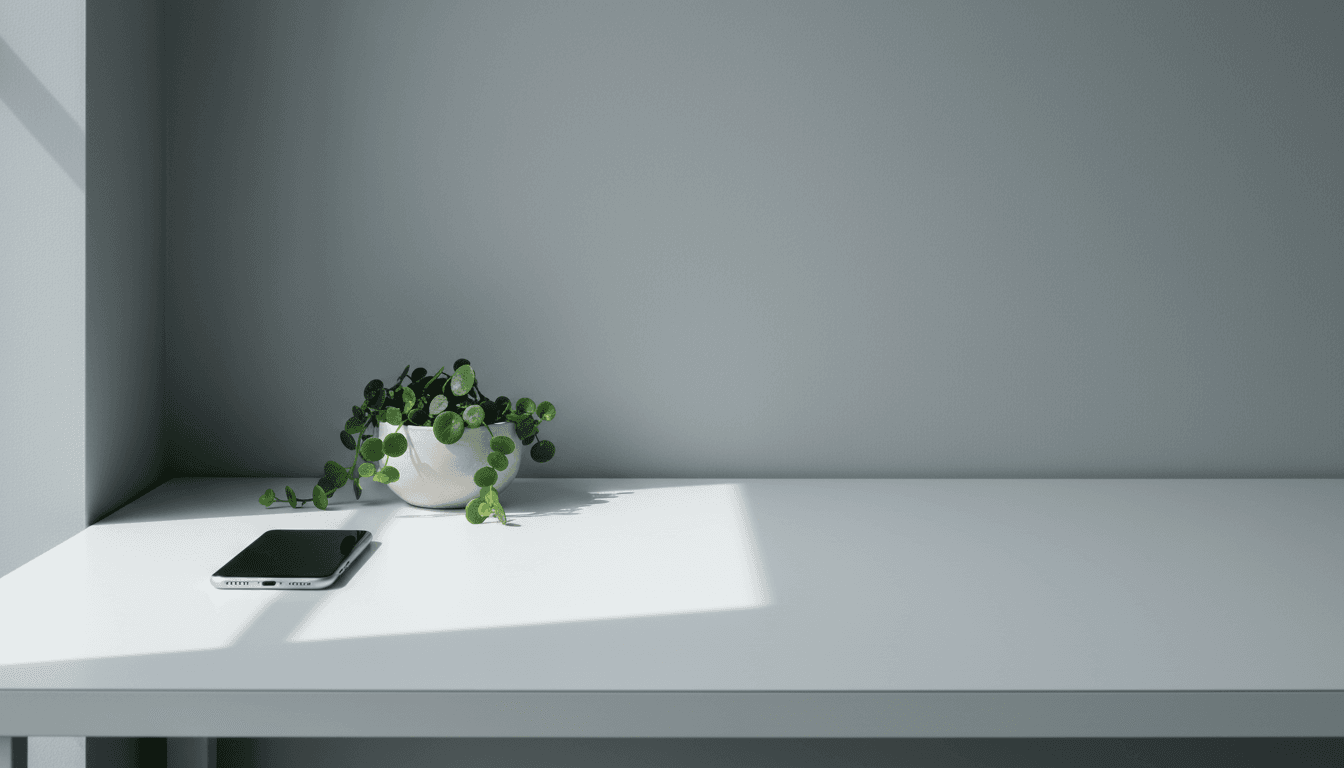 Smartphone on a clean white desk next to a small plant, soft natural light through a window