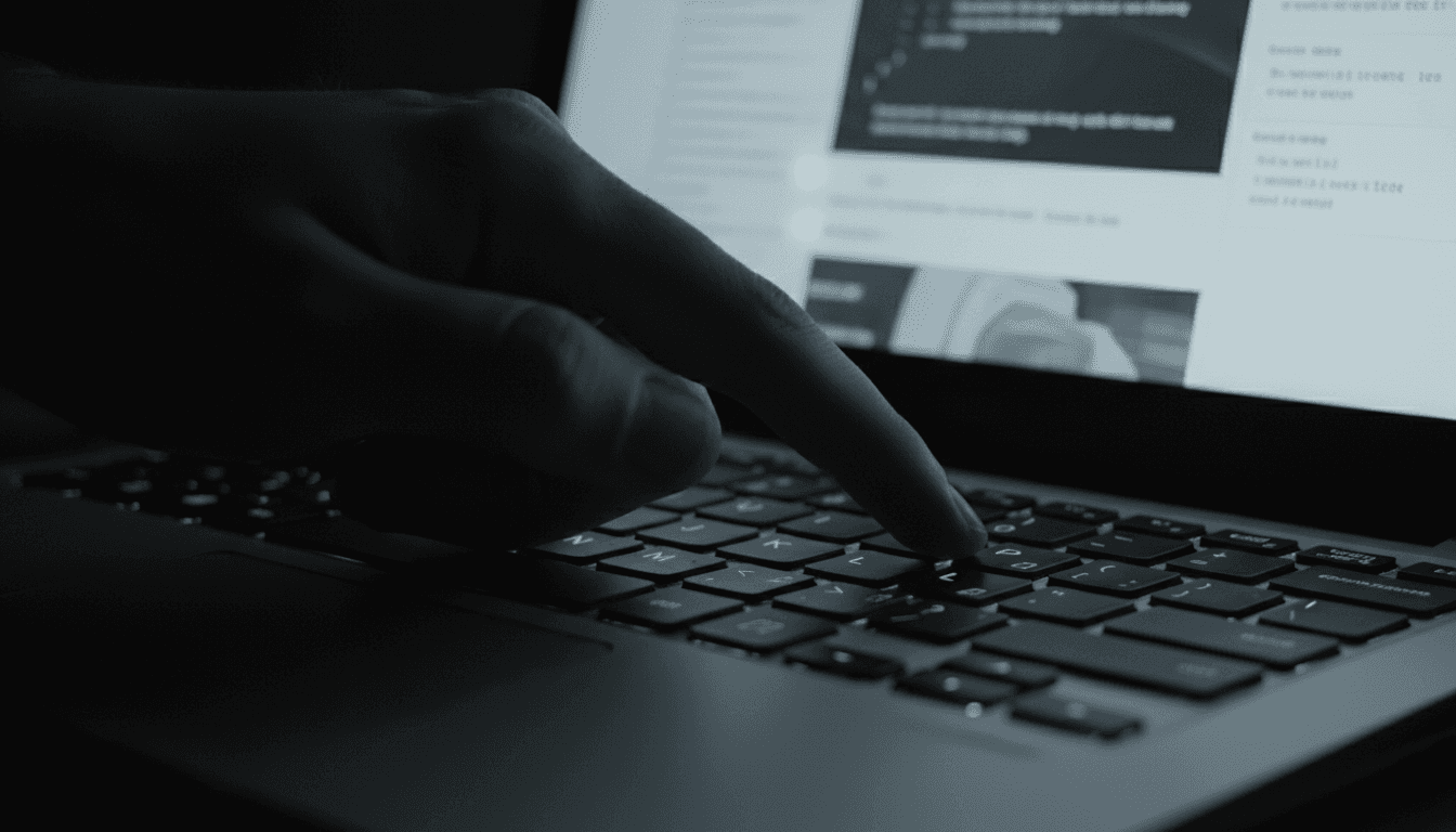 Hand typing on laptop with website design visible