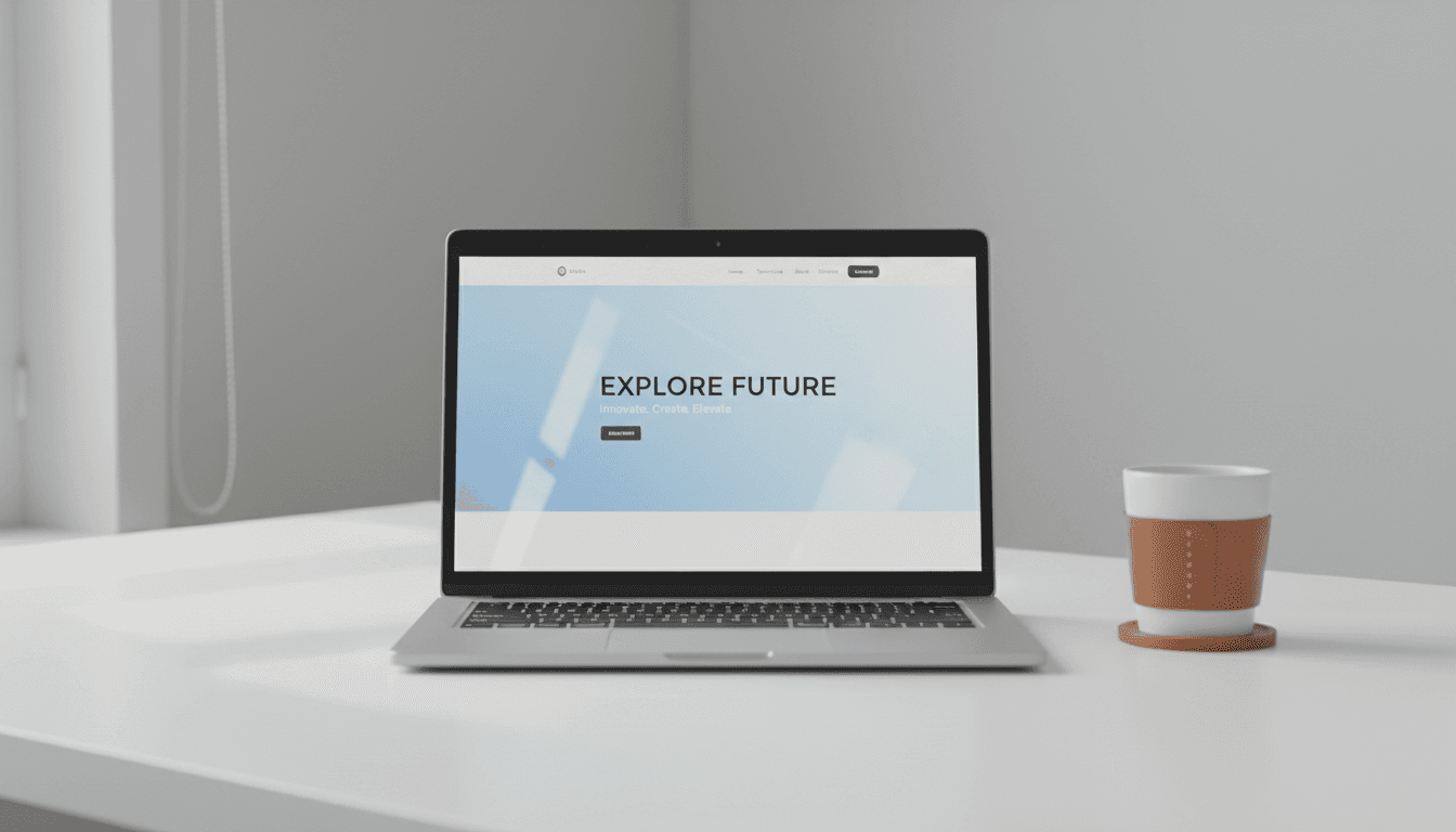 Laptop showing a modern website homepage on a clean desk