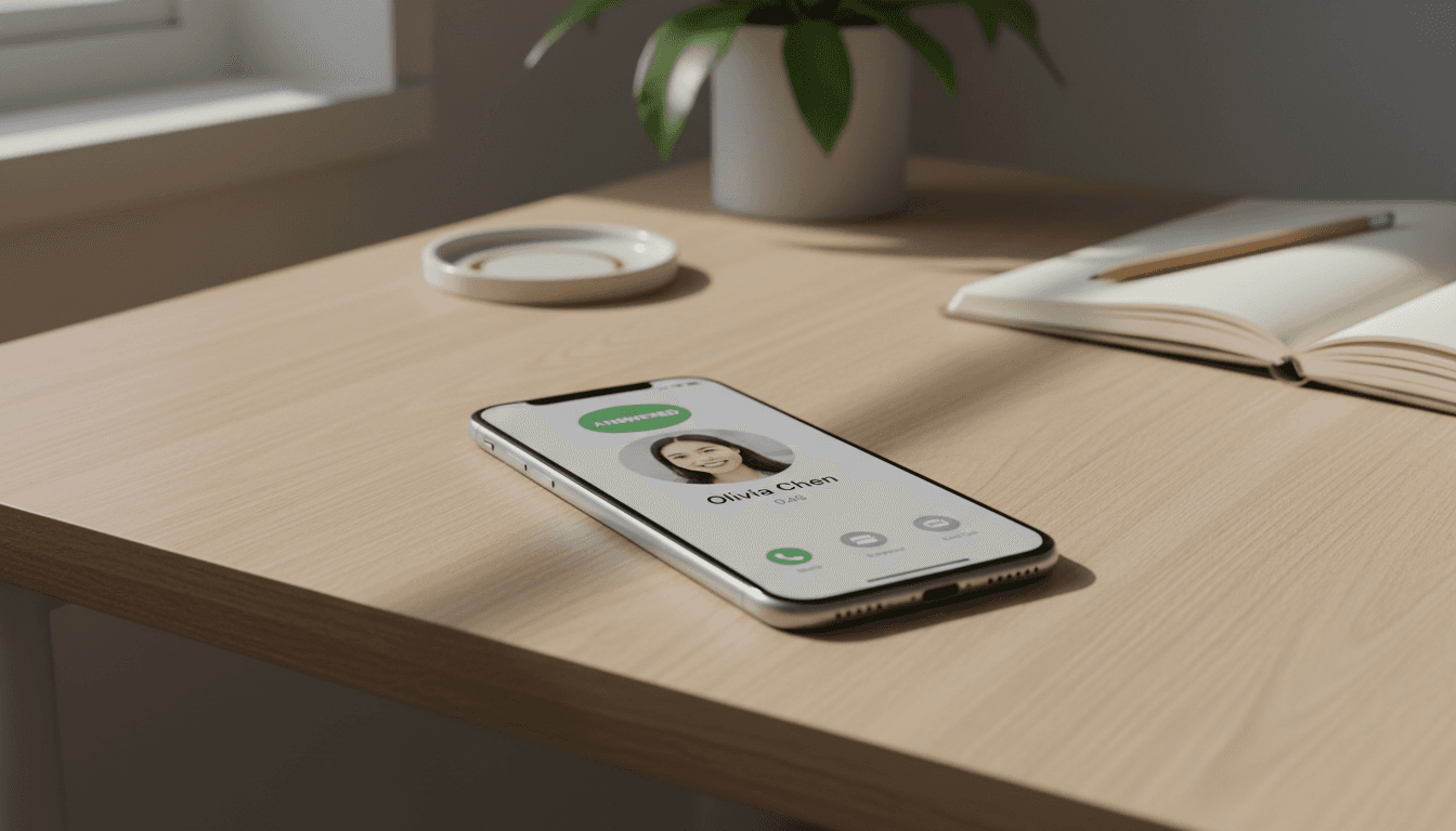 Smartphone showing an answered call on a wooden desk