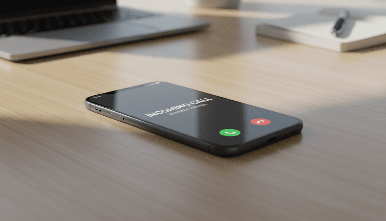 Smartphone on desk with incoming call notification