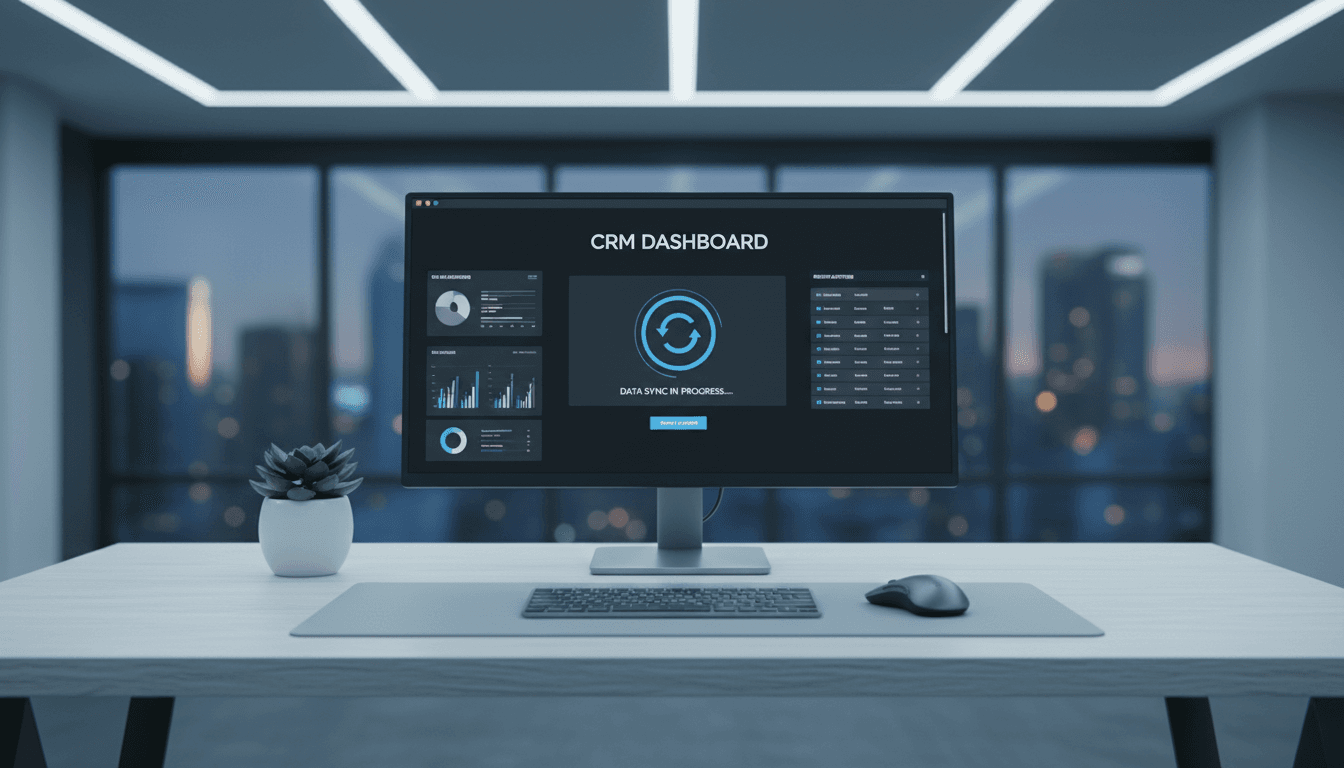 Desktop monitor displaying a CRM dashboard with sync animation
